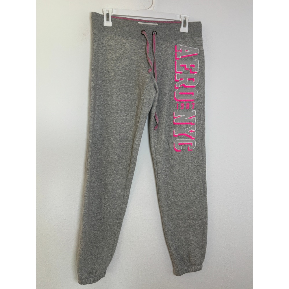 Aeropostale Womens Gray Neon Pink Aero NYC 1987 Fleece Jogger Sweatpants Small